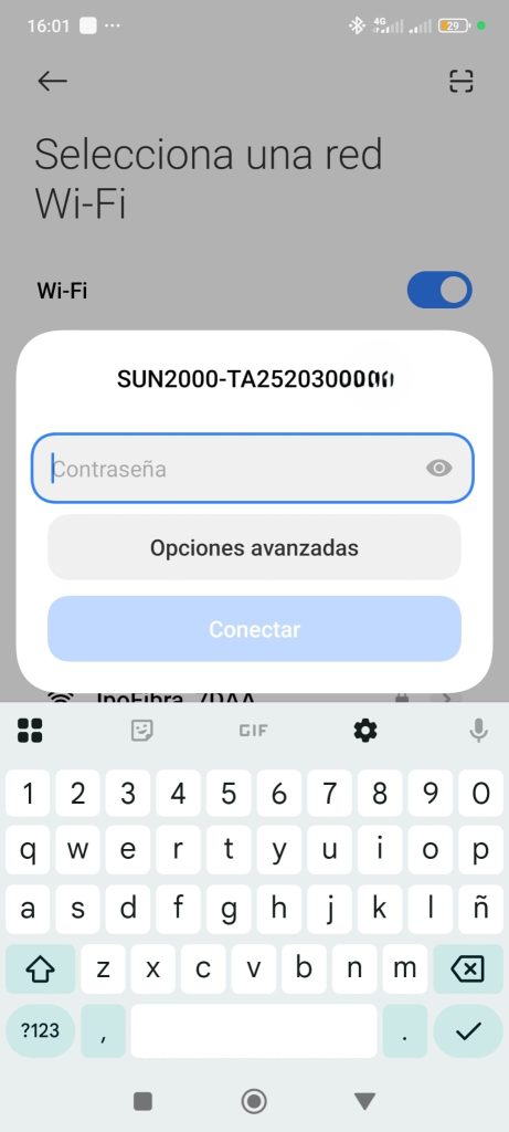 Pantalla de WiFi del movil mostrando la red SUN2000 del inversor Huawei conectada - PICO INGENIEROS Alicante
