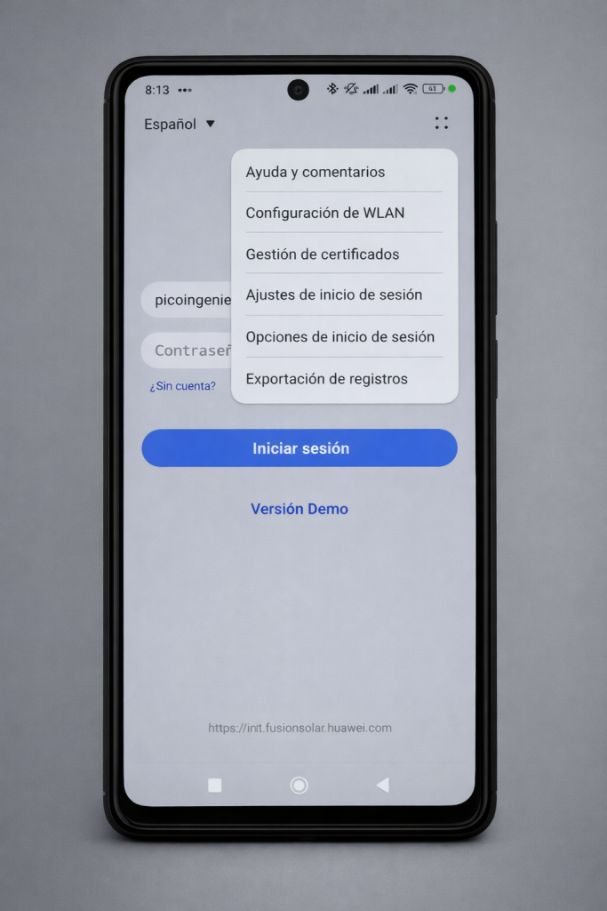 App FusionSolar con el menu abierto en Configuracion de WLAN