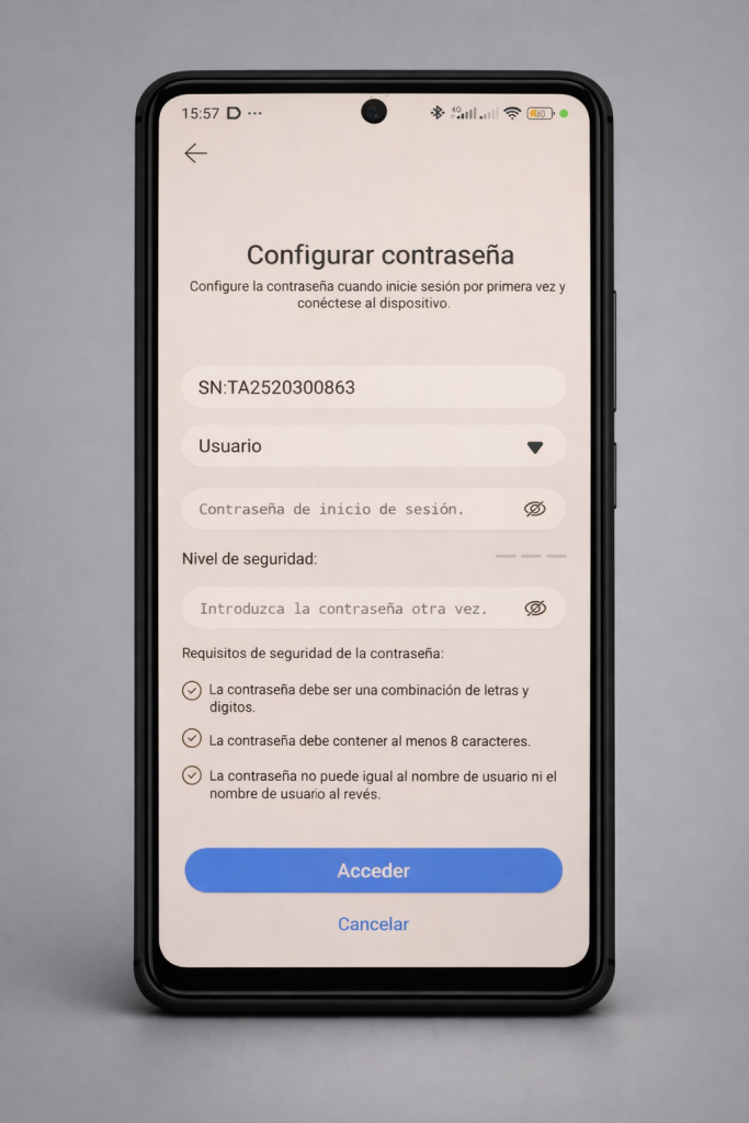 Pantalla de configurar contrasena en FusionSolar como Usuario - Inversor Huawei SUN2000