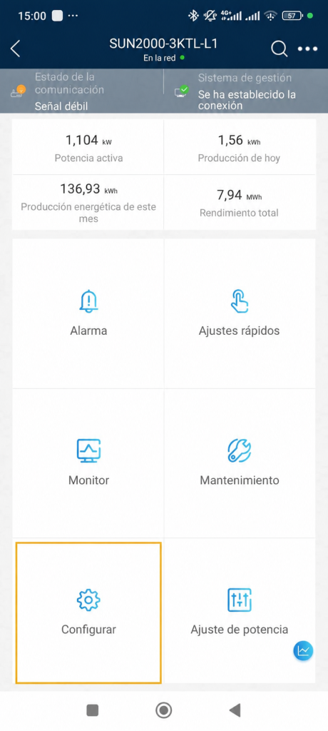Dashboard del inversor Huawei SUN2000 en FusionSolar con la opcion Configurar destacada