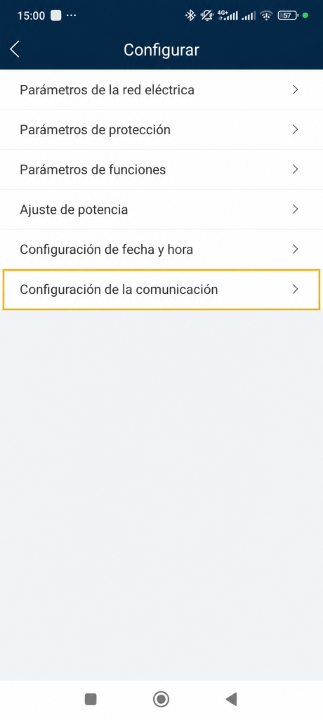 Menu Configurar de FusionSolar mostrando Configuracion de la comunicacion - Inversor Huawei