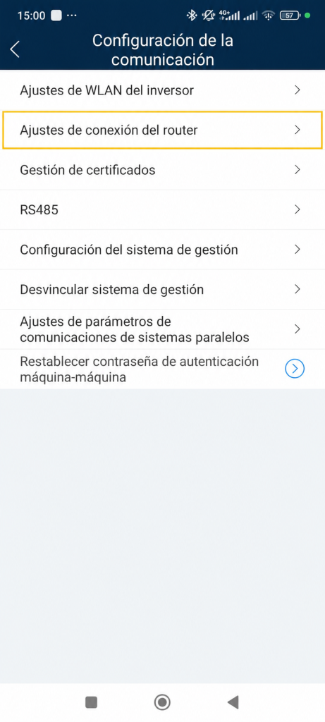 Menu Configuracion de la comunicacion en FusionSolar con Ajustes de conexion del router - Inversor Huawei